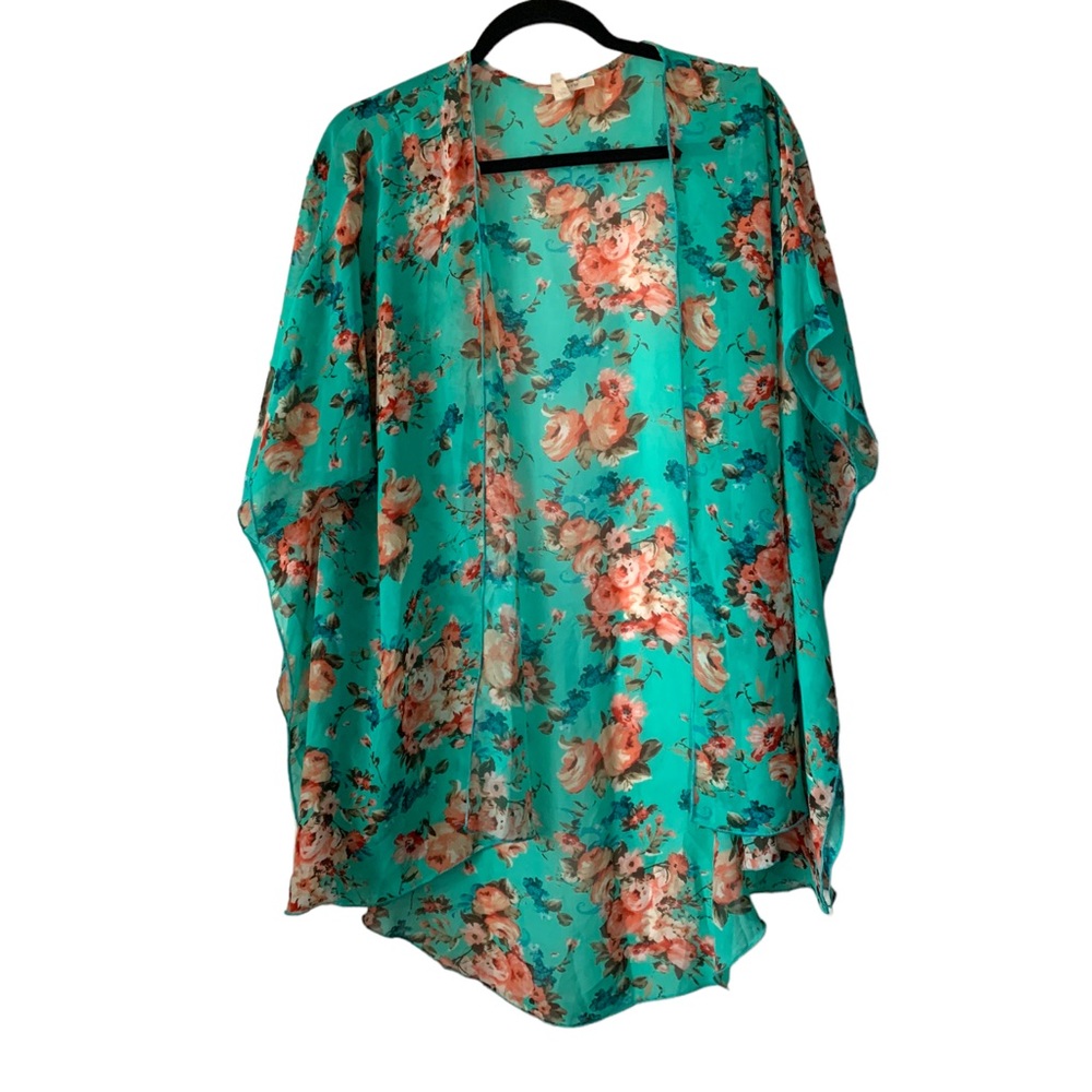 Interi turquoise blue green pink floral long loose sheer cardigan kimono M